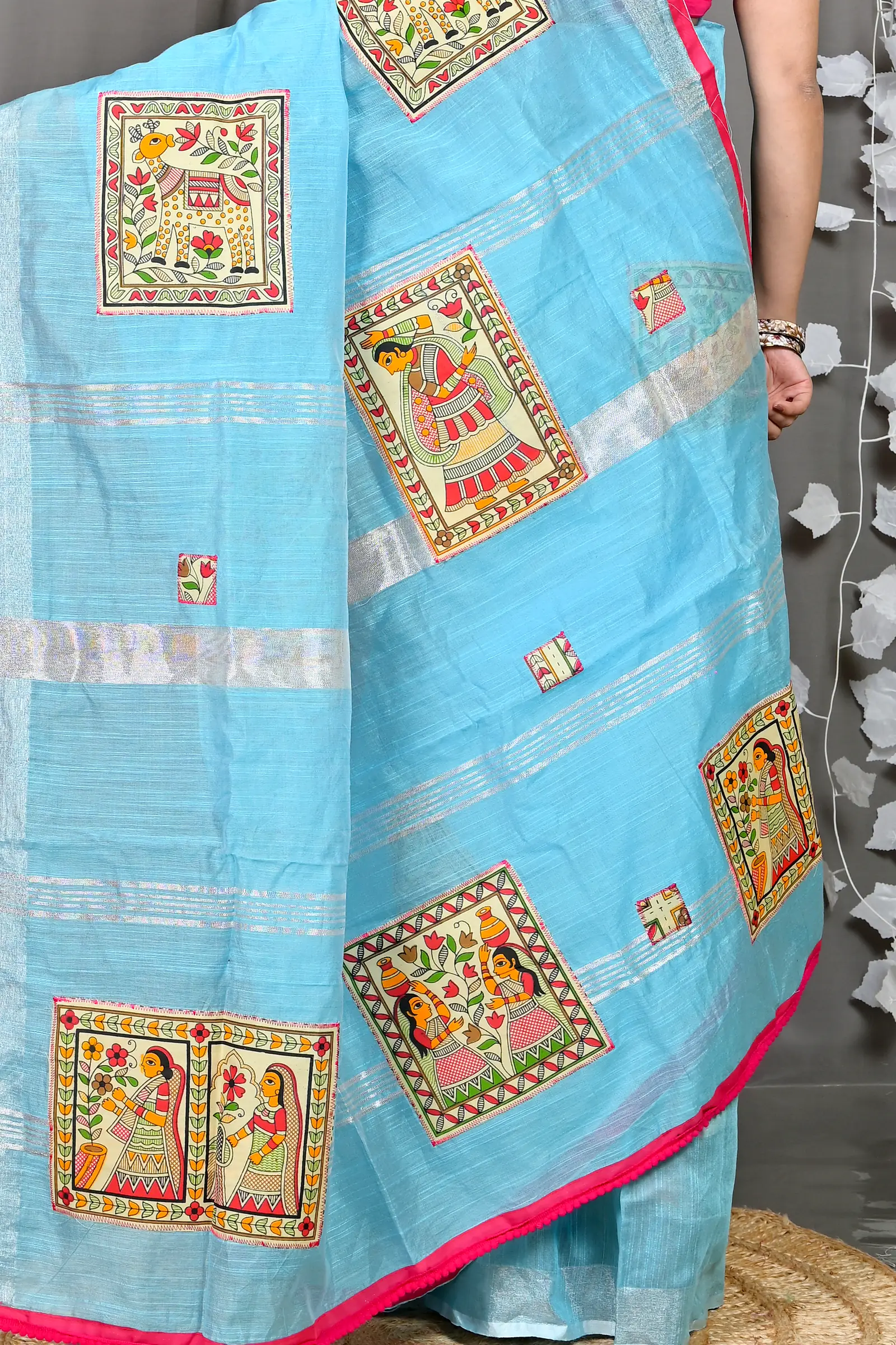 Sky Blue Cotton Blended Parija Applique Saree (326)